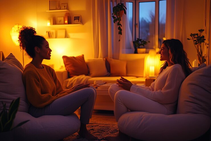 couple woman sitting top white couches