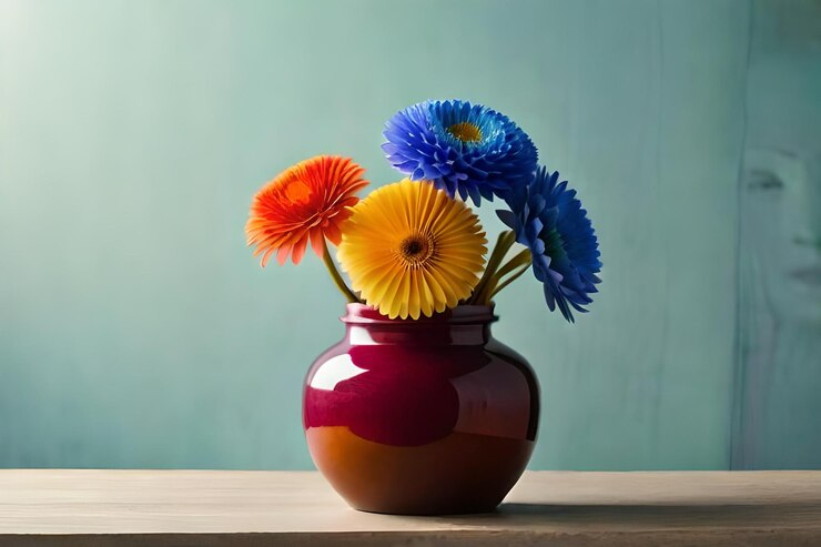 yellow flower vase with red-yellow flower in living area